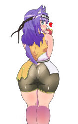  1girl absurdres animal_ears ass ass_focus bike_shorts black_headband blue_eyes blush dog_ears dog_girl dog_tail fingerless_gloves from_behind futoku_no_guild gloves hairband headband highres hitamu_kyan looking_at_viewer looking_back medium_hair pantylines purple_hair red_gloves short_shorts shorts smile tail thick_thighs thighs white_background  rating:Questionable score:43 user:Dr_drunkinstein
