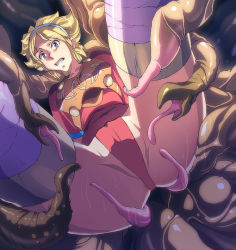  1girl armor blonde_hair blue_eyes breasts breath_of_fire breath_of_fire_i cameltoe capcom hairband ichijiku imminent_rape leotard nina_(breath_of_fire_i) partially_visible_vulva red_leotard restrained short_hair solo tentacles thighhighs 