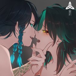  2boys androgynous aqua_eyes aqua_hair arm_tattoo black_hair braid commentary deymara eye_contact eyeshadow genshin_impact glowing glowing_eyes grabbing_another&#039;s_chin gradient_hair green_hair half-closed_eyes hand_on_another&#039;s_chin hand_on_another&#039;s_shoulder highres imminent_kiss looking_at_another makeup multicolored_hair multiple_boys nude open_mouth short_hair_with_long_locks sweat sweatdrop tattoo twin_braids two-tone_hair venti_(genshin_impact) watermark xiao_(genshin_impact) yaoi yellow_eyes  rating:Questionable score:68 user:danbooru