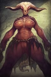 1girl abs absurdres breasts brick_wall capra_demon cleaver colored_skin cyancapsule dark_nipples dark_souls_(series) dark_souls_i demon_girl demon_horns demon_tail dual_wielding exposed_bone extra_eyes gluteal_fold highres holding holding_weapon horns large_breasts loincloth looking_at_viewer muscular muscular_female navel nipples no_panties no_pupils pink_eyes red_skin scar sharp_teeth solo souls_(from_software) standing tail teeth thick_thighs thighs topless weapon you_gonna_get_raped rating:Explicit score:65 user:danbooru