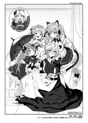  5girls :&lt; absurdres ade_(nikke) animal_ears antenna_hair apron ascot asymmetrical_bangs bell blush border bow bowtie breasts cat_ears cat_tail choker cleavage cleavage_cutout closed_mouth clothing_cutout cocoa_(nikke) commentary double_bun drake_(maid_for_villain)_(nikke) drake_(nikke) dress fake_animal_ears fake_tail fangs flat_chest frilled_umbrella frills full_body glasses goddess_of_victory:_nikke greyscale hair_bow hair_bun hair_ornament hair_ribbon hairclip heart_hands_quartet highres holding holding_umbrella indoors inset jingle_bell juliet_sleeves large_breasts layered_skirt long_hair long_sleeves looking_at_viewer maid maid_apron maid_headdress mole mole_on_breast monochrome multiple_girls neck_bell neck_ribbon nikumanman open_mouth parasol parted_bangs parted_lips paw_hair_ornament pleated_skirt privaty_(nikke) privaty_(unkind_maid)_(nikke) puffy_sleeves ribbon short_hair skirt small_breasts smile soda_(nikke) sparkling_eyes squatting standing tail tile_floor tiles tress_ribbon twintails twitter_username umbrella v wrist_cuffs 