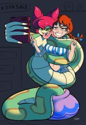 2girls :d absurdres blue_bow blue_eyes bow breasts colored_sclera fang freckles hair_bow half-closed_eyes highres jar lamia licking long_tongue midriff monster_girl multiple_girls navel open_mouth panties phone pink_hair red_eyes red_hair selfie shantae_(series) smile striped_clothes striped_panties taking_picture teeth tongue tongue_out tuki_(shantae) twintails underwear v wendy&#039;s wendy_(wendy&#039;s) yellow_sclera rating:Questionable score:30 user:Perv-Ultra
