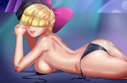  1girl aqua_background ass bikini black_bikini black_hair blonde_hair blue_background blunt_bangs bow bra unworn_bra breasts curvy deviantart female_focus from_behind hair_bow hair_ornament hair_over_eyes happy long_bangs looking_back lying multicolored_background multicolored_hair my_little_pony my_little_pony:_friendship_is_magic narrow_waist on_stomach open_mouth own_hands_together personification purple_background short_hair side-tie_bikini_bottom smile solo songbird_serenade stage swimsuit thebrokencog thong topless two-tone_hair underwear  rating:Questionable score:13 user:CerberusPhoenix