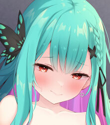  1girl aqua_hair blush braid butterfly-shaped_pupils butterfly_hair_ornament collarbone colored_inner_hair commentary_request cropped earrings embarrassed grey_background hair_between_eyes hair_ornament hair_ribbon heart heart_earrings highres hololive jewelry kurono_yuzuko long_hair looking_down multicolored_hair paid_reward_available purple_hair red_eyes ribbon sidelocks solo_focus sweat symbol-shaped_pupils uruha_rushia uruha_rushia_(school_uniform) virtual_youtuber x_hair_ornament 
