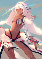  10s 1girl absurdres altera_(fate) armor bad_id bad_pixiv_id bare_shoulders black_nails breasts choker closed_eyes dark-skinned_female dark_skin detached_sleeves fate/extella fate/extra fate/grand_order fate_(series) highres holding holding_weapon looking_to_the_side midriff nail_polish navel photon_ray_(fate) rainbow red_eyes reido short_hair silver_hair smile solo sword tattoo veil weapon 