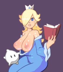  1girl assisted_exposure bare_shoulders blonde_hair blue_dress blue_eyes blush book breasts breasts_out clothes_pull crown detached_sleeves dress dress_pull earrings hair_over_one_eye huge_breasts inverted_nipples jewelry large_breasts lipstick long_hair luma_(mario) makeup mario_(series) nintendo nipples noill open_book reading rosalina simple_background star_(symbol) super_mario_galaxy  rating:Questionable score:148 user:danbooru
