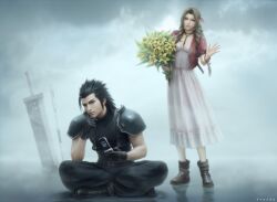  1boy 1girl absurdres aerith_gainsborough armor baggy_pants bangle black_gloves black_hair blue_eyes boots bouquet bracelet braid braided_ponytail breasts brown_hair buster_sword cellphone choker cloud cloudy_sky commentary cross_scar dress drill_hair drill_sidelocks english_commentary facial_scar final_fantasy final_fantasy_vii final_fantasy_vii_rebirth final_fantasy_vii_remake flip_phone flower full_body gloves green_eyes hair_ribbon hair_slicked_back highres holding holding_bouquet holding_phone honeybunny-art indian_style jacket jewelry long_hair looking_at_viewer open_clothes open_jacket pants parted_bangs parted_lips phone pink_dress pink_ribbon planted planted_sword planted_weapon red_jacket ribbon scar scar_on_cheek scar_on_face short_sleeves shoulder_armor sidelocks sitting sky sleeveless sleeveless_turtleneck small_breasts smile spiked_hair staff standing sweater sword turtleneck turtleneck_sweater waving weapon yellow_flower zack_fair 