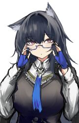  1girl :o absurdres adjusting_eyewear animal_ear_fluff animal_ears arknights bespectacled black_hair black_vest blue_gloves blue_necktie brown_eyes collared_shirt commentary_request fingerless_gloves glasses gloves hair_between_eyes hands_up highres long_hair long_sleeves looking_at_viewer mitarashi_renge necktie official_alternate_costume parted_lips partial_commentary purple-framed_eyewear purple_eyes semi-rimless_eyewear shirt short_necktie simple_background sketch solo split_mouth texas_(arknights) texas_the_omertosa_(arknights) under-rim_eyewear upper_body vest white_background white_shirt wolf_ears wolf_girl 