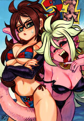  2girls adapted_costume alex_ahad alternate_costume android_21 bikini black_bikini black_sclera blue_bikini blue_eyes blush breasts brown_hair cleavage colored_sclera colored_skin cowboy_shot dragon_ball dragon_ball_fighterz dual_persona earrings fang glasses hair_between_eyes highres hoop_earrings jewelry large_breasts long_hair looking_at_another majin_android_21 multicolored_bikini multicolored_clothes multiple_girls navel open_mouth pink_skin pointy_ears pout red_bikini red_eyes red_lips signature sweatdrop swimsuit tail teeth tongue tongue_out underboob upper_teeth_only white_hair 