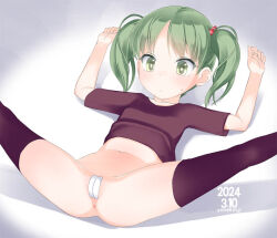  1girl anus arms_up blush brown_shirt brown_thighhighs cameltoe cleft_of_venus closed_mouth dated feet_out_of_frame green_eyes green_hair hair_ornament heart heart_hair_ornament loli lying maebari navel on_back original parted_bangs shirt short_sleeves signature small_sweatdrop solo spread_legs sweat thighhighs twintails yone_kinji 