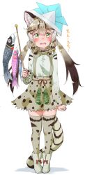  1girl absurdres animal_ears animal_print blush boots bow bowtie brown_hair cat_ears cat_girl cat_print cat_tail fang frilled_skirt frills full_body geoffroy&#039;s_cat_(kemono_friends) green_eyes green_hair hair_between_eyes hair_tubes high-waist_skirt highres hoihoikorokoro kemono_friends kodomo_no_hi koinobori long_hair long_sleeves open_mouth paper_hat paper_kabuto print_bow print_bowtie print_shirt print_skirt print_thighhighs shirt sidelocks skirt solo suspender_skirt suspenders tail tearing_up thighhighs translation_request twintails wavy_mouth white_footwear white_shirt windsock zettai_ryouiki 