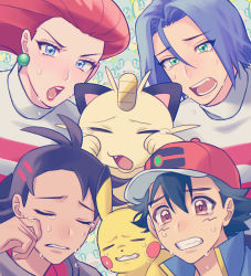  1girl 3boys absurdres ash_ketchum black_hair blue_eyes blue_hair brown_eyes closed_eyes commentary_request creatures_(company) crying crying_with_eyes_open earrings eyelashes game_freak gen_1_pokemon gen_8_pokemon goh_(pokemon) green_eyes hair_between_eyes hair_ornament highres james_(pokemon) jessie_(pokemon) jewelry lipstick long_hair looking_at_viewer makeup meowth multiple_boys nintendo open_mouth pikachu pokemon pokemon_(anime) pokemon_(creature) pokemon_journeys popped_collar red_hair red_lips ruru_(gi_xxy) sobble team_rocket team_rocket_uniform tears teeth tongue turtleneck  rating:Sensitive score:7 user:danbooru