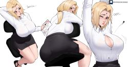 1girl ass black_skirt blonde_hair blouse breasts chair cleavage curvy echo_saber facial_mark forehead_mark highres large_breasts legs_together low_twintails miniskirt nail_polish naruto naruto_(series) office_chair office_lady one_eye_closed parted_bangs pencil_skirt popped_button shirt simple_background sitting sitting_backwards skirt solo stretching swivel_chair teacher tsunade_(naruto) twintails white_background rating:Questionable score:255 user:animeboy12