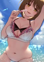 1girl arm_up armpits bikini blue_sky blurry blush bokeh breasts brown_hair c_(theta) cleavage cloud cloudy_sky commentary cowboy_shot curvy day depth_of_field food from_below highres holding holding_food idolmaster idolmaster_cinderella_girls large_breasts lens_flare lips looking_at_viewer mimura_kanako muffin_top navel outdoors popsicle short_hair signature skindentation sky smile solo sparkle stomach string_bikini sunlight swimsuit tongue tongue_out water_drop white_bikini yellow_eyes rating:Sensitive score:76 user:danbooru