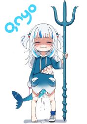  1girl anya&#039;s_heh_face_(meme) barefoot blush cum female_focus fins fish_tail full_body gawr_gura highres hololive hololive_english loli looking_at_viewer masturbation one_shoe_removed revealing_clothes sex_toy shark_girl shark_tail simple_background smile solo squinting standing tail third-party_edit toes vibrator vibrator_cord vibrator_under_clothes virtual_youtuber white_hair  rating:Explicit score:78 user:ashkitsune20