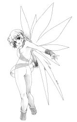 1girl ass boots breasts full_body greyscale harumachi_nagaaki highres horns looking_back monochrome nipples nude original pointy_ears short_hair small_breasts smile solo standing wings unfinished wristband rating:Questionable score:13 user:danbooru