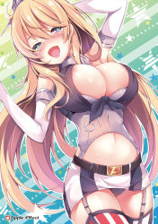 10s 1girl american_flag american_flag_legwear areola_slip asymmetrical_legwear blonde_hair blue_eyes blush breasts cleavage elbow_gloves flag_print front-tie_top garter_straps gloves hair_between_eyes headgear iowa_(kancolle) kantai_collection large_breasts long_hair looking_at_viewer miniskirt mismatched_legwear murasakio navel open_mouth skirt smile solo star-shaped_pupils star_(symbol) striped_clothes striped_thighhighs symbol-shaped_pupils thighhighs vertical-striped_clothes vertical-striped_thighhighs very_long_hair rating:Questionable score:21 user:danbooru