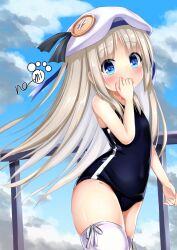 1girl alternate_costume artist_name blue_eyes blush breasts commentary covered_navel covering_own_mouth fence hat highres kudpoid_(71139) light_brown_hair little_busters! looking_at_viewer noumi_kudryavka school_swimsuit sky small_breasts solo swimsuit thighhighs white_hat