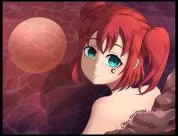  1girl artist_name closed_mouth female_focus green_eyes hair_between_eyes highres jeantfydraw kurosawa_ruby looking_at_viewer love_live! love_live!_sunshine!! nude red_hair short_hair smile solo twintails 