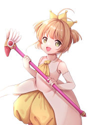  1girl :d antenna_hair blush brown_hair cardcaptor_sakura commentary_request crown dress elbow_gloves fuuin_no_tsue gloves green_eyes highres holding holding_wand kinomoto_sakura kiyomiya_ryou looking_at_viewer open_mouth puffy_shorts short_shorts shorts simple_background sleeveless sleeveless_dress smile solo two_side_up wand white_background white_dress white_gloves yellow_neckwear yellow_shorts 