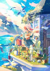 1girl anchor antenna_hair atelier_umiyury bag baguette bird blue_dress blue_eyes blue_hair blue_sky bread cloud commentary day door dress eyewear_on_head food frilled_dress frills grass hand_on_headwear hat highres hololive hololive_indonesia kobo_kanaeru long_hair long_sleeves mailbox_(incoming_mail) nameplate ocean outdoors paper_bag plant potted_plant railing scenery seagull shirt sign sky smile solo sun_hat sunglasses tower umbrella virtual_youtuber white_shirt