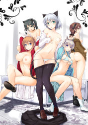  5girls aged_up animal_ears ankle_boots arms_behind_head ass bikini bikini_top_only black_hair black_legwear blue_eyes blush boots bottomless breasts brown_eyes brown_hair cameltoe cat_ears cat_girl cat_tail charlotte_e._yeager choker clothes_pull crossed_legs dog_ears eila_ilmatar_juutilainen female_focus flat_chest fox_ears francesca_lucchini gertrud_barkhorn green_eyes hair_ribbon kamishiro_ryuu large_breasts loafers long_hair looking_at_viewer multiple_girls narrow_waist navel nipples no_bra no_panties off_shoulder open_clothes open_mouth open_shirt panties panty_pull pantyhose pantyhose_pull rabbit_ears rabbit_girl ribbon sanya_v._litvyak shirt shoes short_hair side-tie_panties silver_hair sitting skinny skirt skirt_pull slender smile standing strike_witches striped_bikini striped_clothes swimsuit tail thigh_gap twintails underboob underwear undressing world_witches_series  rating:Questionable score:187 user:danbooru