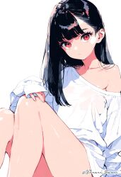  black_hair bottomless feet_out_of_frame hair_behind_ear hand_on_own_knee highres looking_at_viewer off_shoulder original red_eyes signature sitting sleeves_past_wrists yurari_banri  rating:General score:5 user:BeefyLeafy69
