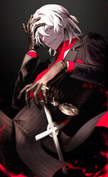  1boy antonio_salieri_(fate) antonio_salieri_(second_ascension)_(fate) ascot aura black_background black_gloves black_suit coattails cowboy_shot cross evil_grin evil_smile fang fate/grand_order fate_(series) formal gloves gradient_background grey_hair grin hair_between_eyes half_updo hand_on_own_head highres jewelry looking_at_viewer male_focus medallion medium_hair pants pinky_ring pinstripe_jacket pinstripe_pants pinstripe_pattern pinstripe_suit red_ascot red_eyes red_scarf ring scarf sheath sheathed shirt smile solo striped_suit suit sumi_(gfgf_045) sword weapon white_shirt 