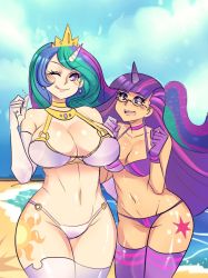 2girls :p beach bikini blue_hair breasts celestia_(my_little_pony) cleavage glasses green_hair highres large_breasts long_hair maniacpaint multicolored_hair multiple_girls my_little_pony my_little_pony:_friendship_is_magic personification purple_eyes purple_hair smile swimsuit tongue tongue_out twilight_sparkle very_long_hair wink rating:Questionable score:171 user:jojosstand
