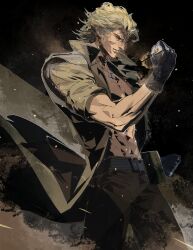  1boy abs bag belt blonde_hair clenched_hands cofffee dog_tags floating_clothes gloves highres jacket liquid_snake male_focus metal_gear_(series) metal_gear_solid military_jacket military_uniform open_clothes open_jacket pants serious short_hair solo standing toned toned_male uniform wind 