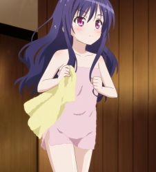  10s 1girl blue_hair blush highres indoors legs long_hair momijidani_nozomi naked_towel purple_eyes purple_hair screencap solo standing stitched tenshi_no_3p! third-party_edit towel  rating:Questionable score:28 user:cutemi2