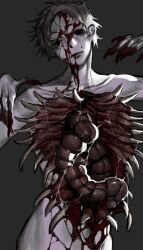  1boy absurdres black_background black_eyes blood blood_on_hands body_horror brown_hair claws closed_mouth commentary completely_nude english_commentary guro hands_up highres intestines looking_at_viewer male_focus nude original petite_ven ribs short_hair simple_background smile upper_body very_short_hair 