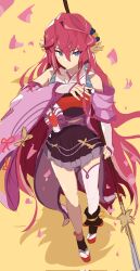  1girl bare_shoulders blue_eyes botan_(dragalia_lost) closed_mouth dragalia_lost falling_petals frostfiresoul full_body hair_between_eyes hair_ornament highres holding holding_polearm holding_weapon japanese_clothes long_hair long_sleeves looking_at_viewer naginata petals pleated_skirt polearm red_hair single_thighhigh skirt solo thighhighs very_long_hair weapon white_thighhighs wide_sleeves yellow_background 