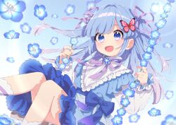  1girl :d blue_bow blue_dress blue_eyes blue_hair blush bow butterfly_hair_ornament dress floral_background flower flower_swing frilled_dress frills gradient_hair hair_ornament hair_ribbon holding indie_virtual_youtuber long_hair looking_at_viewer mamyouda multicolored_hair open_mouth purple_hair purple_ribbon ribbon rurino_nemo sitting smile socks solo swing two_side_up virtual_youtuber white_socks 
