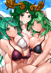  3girls absurdres bikini breasts byleth_(female)_(fire_emblem) byleth_(fire_emblem) cleavage color_connection commentary_request company_connection crossover fake_horns female_focus fire_emblem fire_emblem:_three_houses green_eyes green_hair hair_color_connection hand_on_another&#039;s_head hand_on_another&#039;s_shoulder highres horned_headwear horns kid_icarus kid_icarus_uprising large_breasts long_hair matching_hair/eyes multiple_girls nintendo palutena pneuma_(xenoblade) ponytail smile swimsuit tiara trait_connection underboob wet xenoblade_chronicles_(series) xenoblade_chronicles_2 yotsuha_uni 