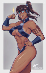  1girl :d abs aqua_eyes artist_name avatar_legends bare_shoulders bikini breasts brown_hair clenched_hand commentary dark-skinned_female dark_skin english_commentary grey_background hair_tubes hand_on_own_hip highres iahfy korra large_breasts long_hair looking_at_viewer muscular muscular_female navel open_mouth ponytail simple_background smile solo sparkle swimsuit tattoo the_legend_of_korra thighs  rating:Sensitive score:68 user:danbooru