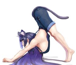  1girl absurdres all_fours alternate_breast_size alternate_costume animal_ear_fluff animal_ears arched_back armpits artist_name ass barefoot black_hair blue_hair breasts cat_ears cat_girl cat_stretch cleavage colored_inner_hair commentary crop_top english_commentary erasorpepero feet from_side full_body hair_intakes hanging_breasts highres hololive hololive_english kemonomimi_mode large_breasts long_hair multicolored_hair naked_overalls ouro_kronii overalls paid_reward_available paw_pose profile sideboob signature solo stretching stretching_(meme) tiptoes toes top-down_bottom-up virtual_youtuber 