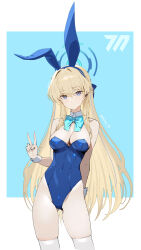  1girl animal_ears arm_behind_back bare_shoulders blonde_hair blue_archive blue_bow blue_bowtie blue_eyes blue_hairband blue_leotard bow bowtie breasts cleavage closed_mouth detached_collar earpiece fake_animal_ears hairband halo highleg highleg_leotard highres leotard long_hair medium_breasts multicolored_hair official_alternate_costume playboy_bunny rabbit_ears revision siino skindentation strapless strapless_leotard streaked_hair thighhighs toki_(blue_archive) toki_(bunny)_(blue_archive) v very_long_hair white_thighhighs wrist_cuffs 