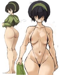  1girl aged_up ass avatar:_the_last_airbender avatar_legends bikini black_bikini black_hair breasts collarbone commentary cropped_hoodie curvy english_commentary from_behind full_body green_hairband green_hoodie grin hair_over_eyes hairband highres holding holding_towel hood hoodie kneepits large_breasts looking_at_viewer multiple_views navel rakeemspoon short_hair simple_background slingshot_swimsuit smile standing stomach swimsuit thighs toph_bei_fong towel white_background wide_hips  rating:Questionable score:145 user:danbooru