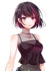  1girl bad_id bad_twitter_id bang_dream! black_camisole black_hair bob_cut camisole choker collarbone commentary_request covered_navel crop_top ito22oji mitake_ran multicolored_hair parted_lips purple_eyes red_hair short_hair solo spaghetti_strap streaked_hair upper_body white_background  rating:Sensitive score:10 user:danbooru