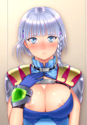  1girl aqua_eyes banpresto blunt_bangs blush braid breasts embarrassed hand_on_own_chest hand_up large_breasts looking_at_viewer nipple_slip nipples parted_lips pout seolla_schweizer short_hair sidelocks silver_hair solo super_robot_wars wardrobe_malfunction yuzuriha_(active_homing)  rating:Questionable score:41 user:danbooru