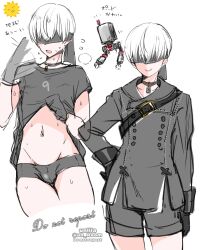 1boy 9s_(nier:automata) androgynous belt black_belt black_blindfold black_choker black_gloves blindfold bulge buttons choker closed_mouth clothes_lift cowboy_shot cropped_legs double-breasted fanning_face gloves grey_jacket grey_shorts hand_on_own_hip hands_up highres jacket lifting_own_clothes male_focus micro_shorts multiple_views nagano_rira navel nier:automata nier_(series) robot shirt_lift short_shorts shorts simple_background sketch smile sweat sweatdrop translation_request white_background white_hair rating:Questionable score:46 user:danbooru