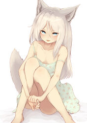  1girl :d animal_ears ass batta_(kanzume_quality) blue_eyes blush breasts dress fox_ears fox_girl fox_tail grey_hair hair_between_eyes hair_ornament highres long_hair looking_at_viewer off_shoulder open_mouth original sitting small_breasts smile solo strap_slip tail 