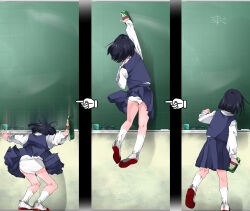  1girl arm_up black_hair black_skirt black_vest board_eraser chalkboard commentary_request facing_away fixed-point_camera from_behind highres jumping kneepits original outstretched_arms p-u-n-i panties pantyshot school_uniform shirt shoes skirt socks underwear upskirt uwabaki vest white_panties white_shirt white_socks 
