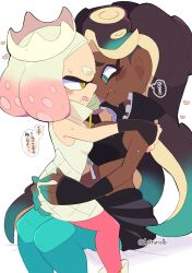  2girls blush breasts cleavage crop_top crown dark-skinned_female dark_skin eye_contact fang highres hug inkling kiirono looking_at_another marina_(splatoon) multiple_girls nintendo octoling open_mouth pearl_(splatoon) sitting sitting_on_lap sitting_on_person sleeveless splatoon_(series) splatoon_2 straddling suction_cups tentacle_hair upright_straddle yuri 