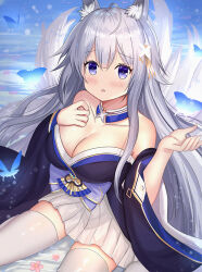  1girl ahoge ame_sagari animal_ear_fluff animal_ears arm_belt azur_lane bare_shoulders beckoning belt belt_buckle black_belt black_kimono black_sleeves blue_butterfly blue_collar blue_eyes blue_sky breasts buckle bug butterfly cleavage collar commentary day detached_collar eyelashes feet_out_of_frame fingernails flower fox_ears fox_tail furrowed_brow grey_hair hair_ornament hakama hakama_short_skirt hakama_skirt hand_on_own_chest insect japanese_clothes kimono kneeling large_breasts light_blush light_particles long_hair long_sleeves multiple_tails open_mouth outdoors outstretched_hand pink_flower shinano_(azur_lane) short_kimono single_sidelock skirt sky solo tail thighhighs very_long_hair white_hakama white_nails white_thighhighs wide_sleeves 