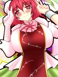  1girl bandages blush breasts bun_cover chain chinese_clothes cuffs double_bun double_v dress female_focus gomesu hair_ornament hands_up huge_breasts ibaraki_kasen red_eyes red_hair shirt short_hair smile solo tabard touhou v zoom_layer  rating:Sensitive score:9 user:Xander
