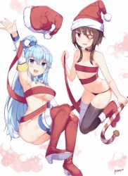 10s 2girls :d age_difference aqua_(konosuba) arm_up armpits artist_name bad_id bad_pixiv_id bandaged_leg bandages black_legwear black_panties blue_bow blue_bowtie blue_eyes blue_hair blue_legwear blush boots bow bowtie breasts brooch brown_hair candy candy_cane christmas collar detached_collar eyepatch fingernails flat_chest floating food fur-trimmed_boots fur_trim hair_between_eyes hair_ornament hair_rings hand_on_own_thigh hand_on_thigh hat high_heel_boots high_heels holding jewelry kimoshi kono_subarashii_sekai_ni_shukufuku_wo! loli long_hair looking_at_viewer medium_breasts megumin multiple_girls naked_ribbon navel one_eye_covered onee-loli open_mouth orb panties red_eyes red_footwear red_hat ribbon santa_hat shiny_clothes shiny_skin shoe_soles short_hair signature single_thighhigh smile sparkle thigh_boots thigh_gap thighhighs underboob underwear underwear_only unworn_hat unworn_headwear white_background ||/ rating:Questionable score:70 user:danbooru