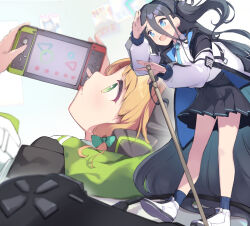  2girls absurdly_long_hair animal_ear_headphones animal_ears aris_(blue_archive) black_hair black_hairband black_skirt black_socks blonde_hair blue_archive blue_eyes bow closed_mouth collared_shirt fake_animal_ears green_bow green_eyes hair_bow hairband halo handheld_game_console headphones highres holding holding_handheld_game_console jacket long_hair long_sleeves midori_(blue_archive) miya_kazutomo multiple_girls one_side_up open_mouth playing_games pleated_skirt shirt shoes short_hair skirt smile socks very_long_hair white_footwear white_jacket white_shirt 