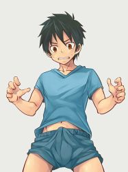  1boy artist_request boxers bulge character_request copyright_request cowboy_shot erection erection_under_clothes facing_viewer grey_background male_underwear navel shota simple_background solo standing tagme underwear  rating:Explicit score:65 user:Nephele14